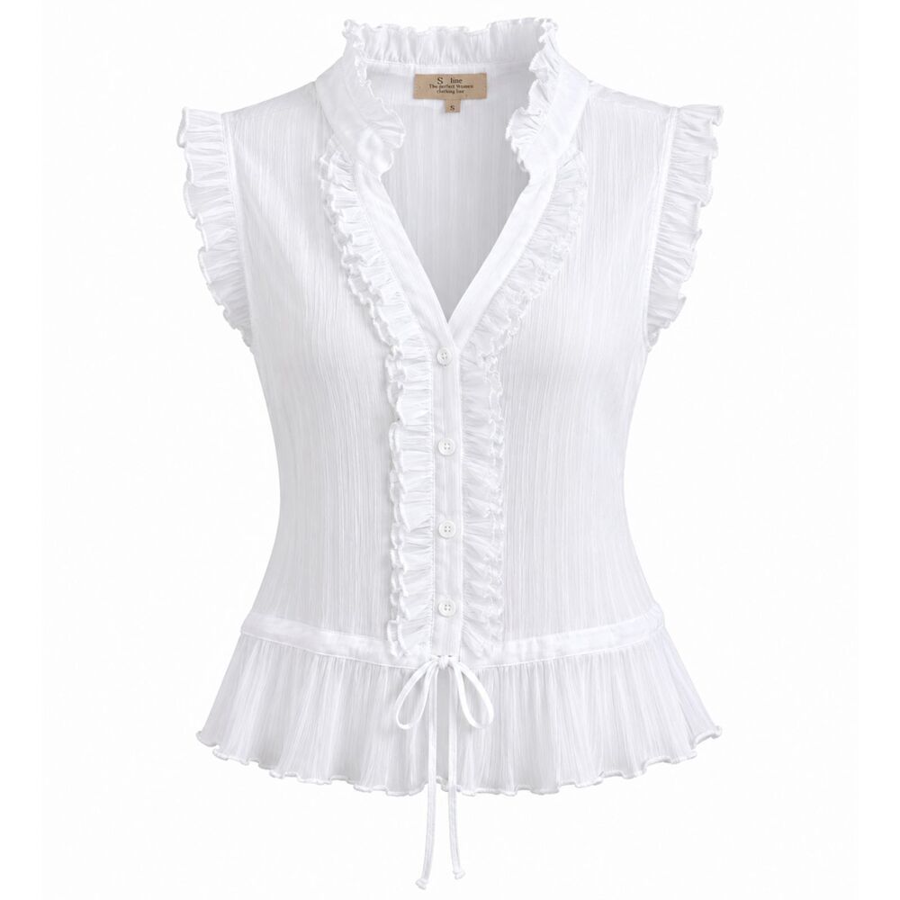 S Line NWT White Ruffle Trim Sleeveless Blouse Sheer Button Front Small